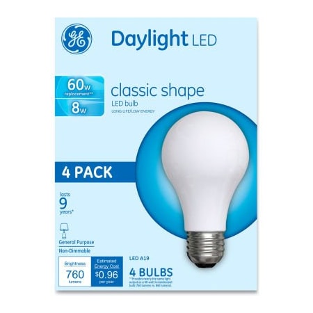 Ge Classic Led Daylight Non-Dim A19 Light Bulb, 8 W, 4/Pack 99192